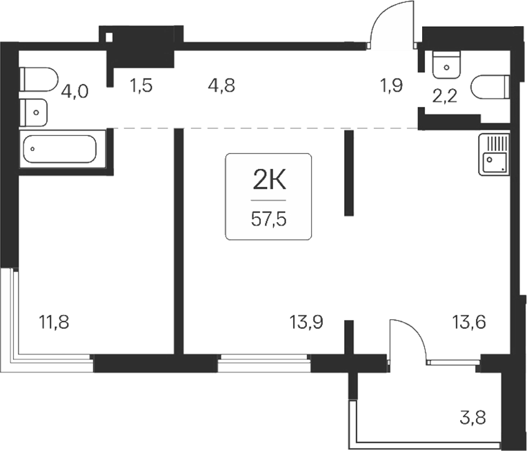 Планировка 2-к. квартира 53.70 м² в ЖК «Квартал на Игарской»