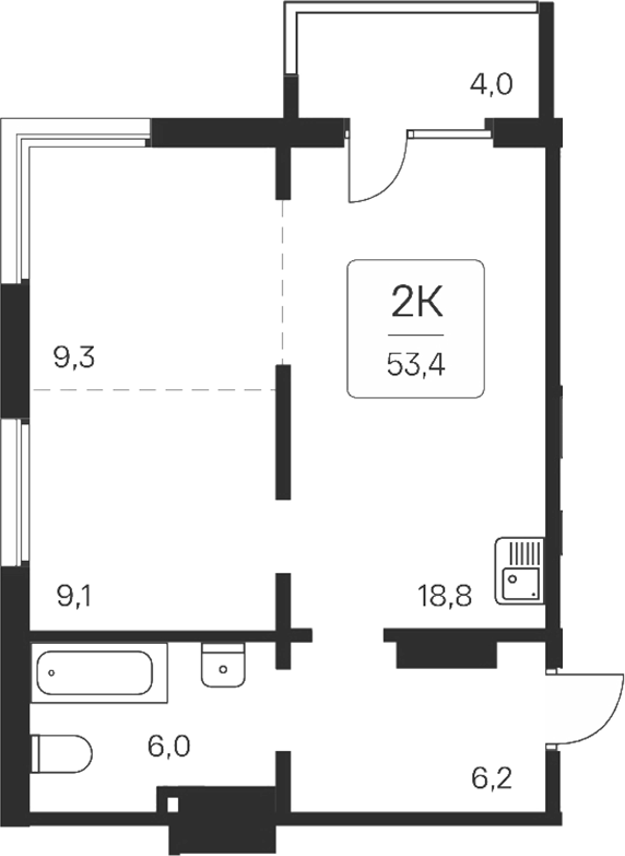 Планировка 2-к. квартира 49.40 м² в ЖК «Квартал на Игарской»