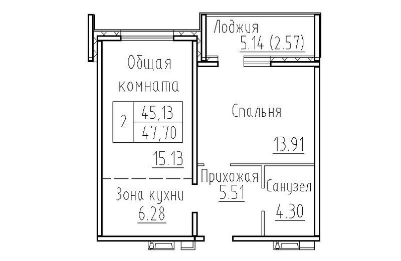 Планировка 2е-к.кв 45.13 м² в ЖК «Фламинго»
