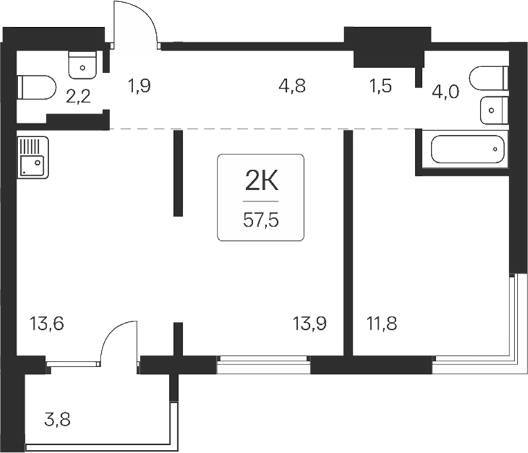 Планировка 2-к.кв 53.70 м² в ЖК «Квартал на Игарской»