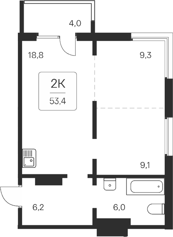 Планировка 2-к. квартира 49.40 м² в ЖК «Квартал на Игарской»