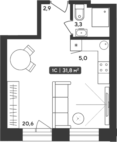 Планировка студии 31.80 м² в ЖК «Альпийский квартал»