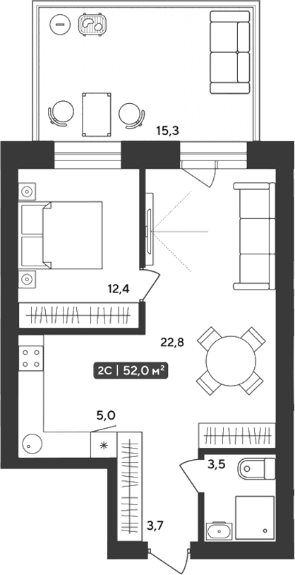 Планировка 2е-к.кв 47.41 м² в ЖК «Альпийский квартал»