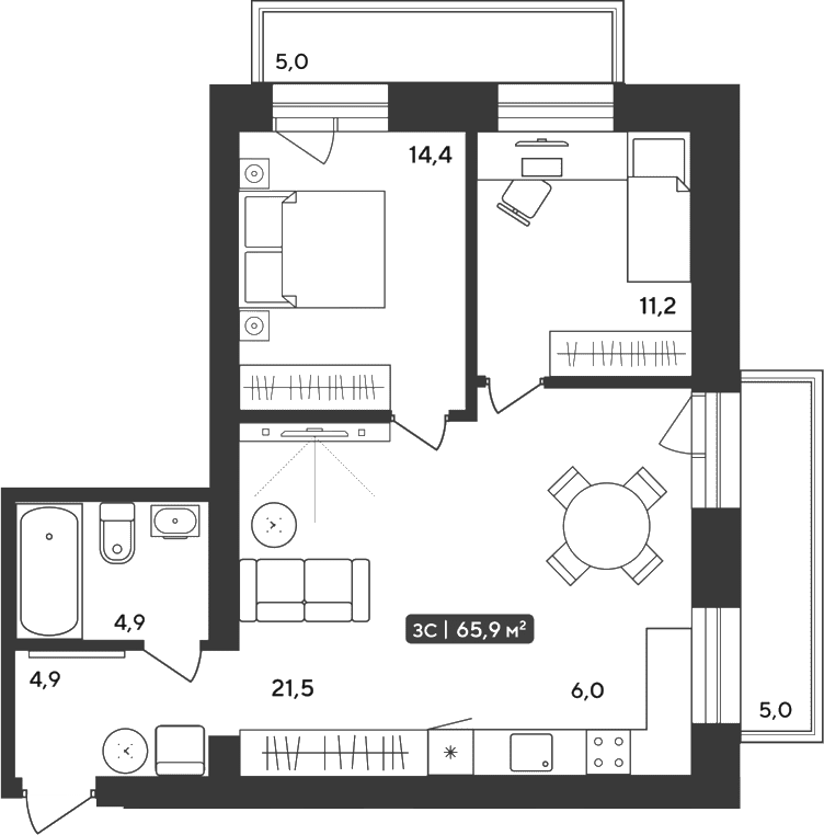 Планировка 3е-к.кв 62.90 м² в ЖК «Альпийский квартал»