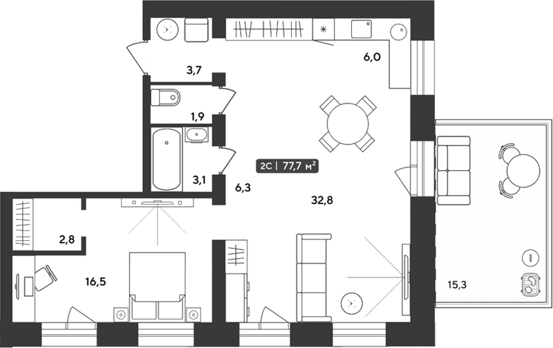 Планировка 2е-к.кв 73.11 м² в ЖК «Альпийский квартал»