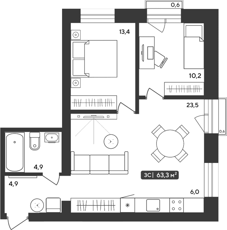 Планировка 3е-к.кв 62.94 м² в ЖК «Альпийский квартал»