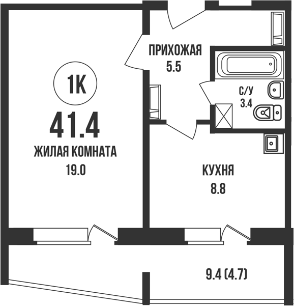Планировка 1-к.кв 36.70 м² в ЖК «Династия»