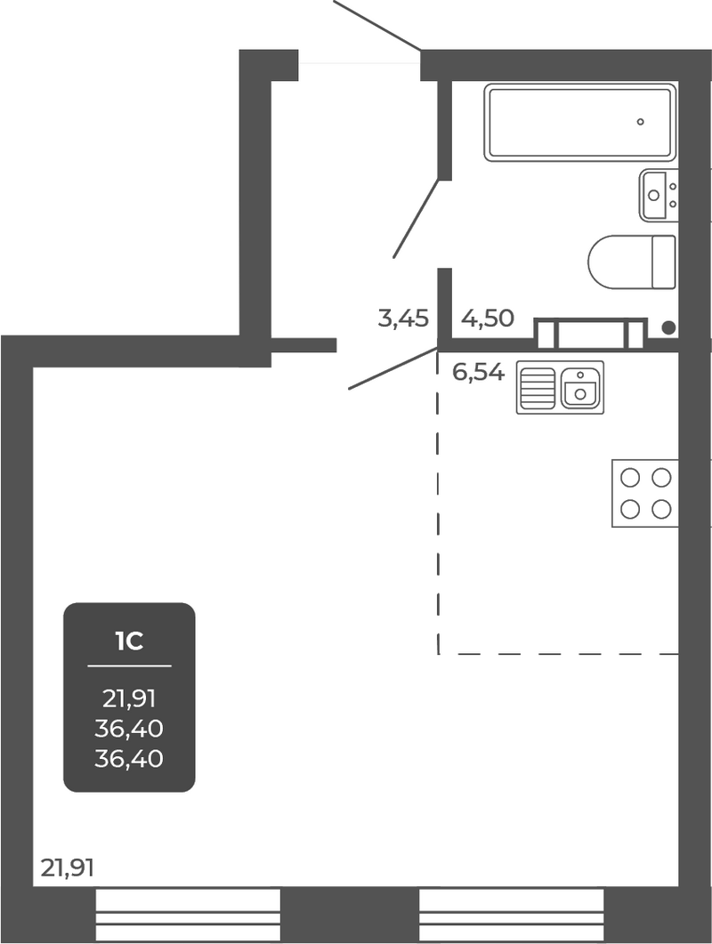 Планировка студии 36.40 м² в ЖК «НОВА АПАРТ»