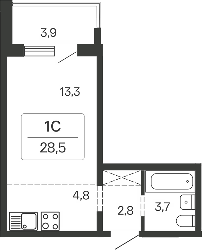 Планировка студии 24.60 м² в ЖК «Квартал Сосновый Бор»