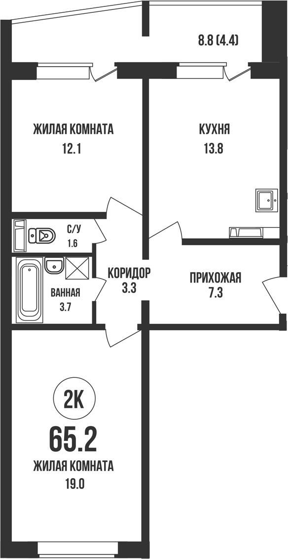 Планировка 2-к.кв 60.80 м² в ЖК «Династия»
