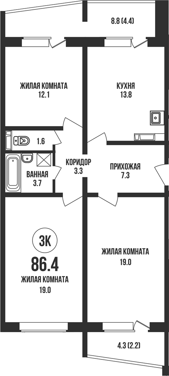 Планировка 3-к.кв 79.80 м² в ЖК «Династия»