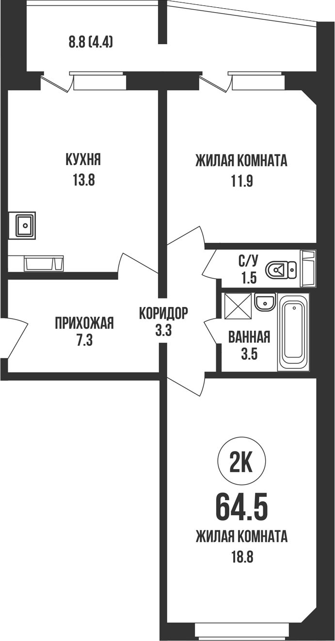 Планировка 2-к.кв 60.10 м² в ЖК «Династия»
