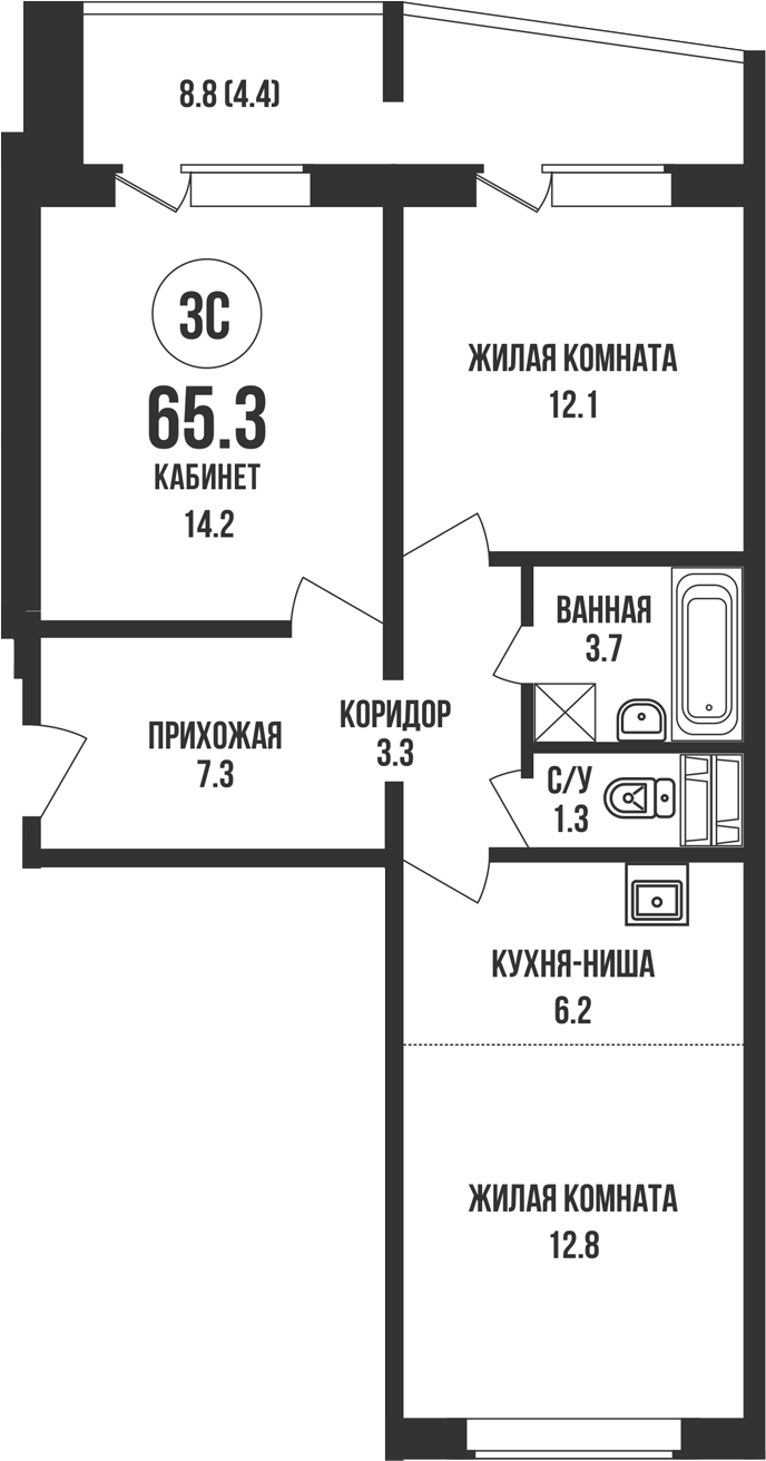 Планировка 3е-к. квартира 60.90 м² в ЖК «Династия»