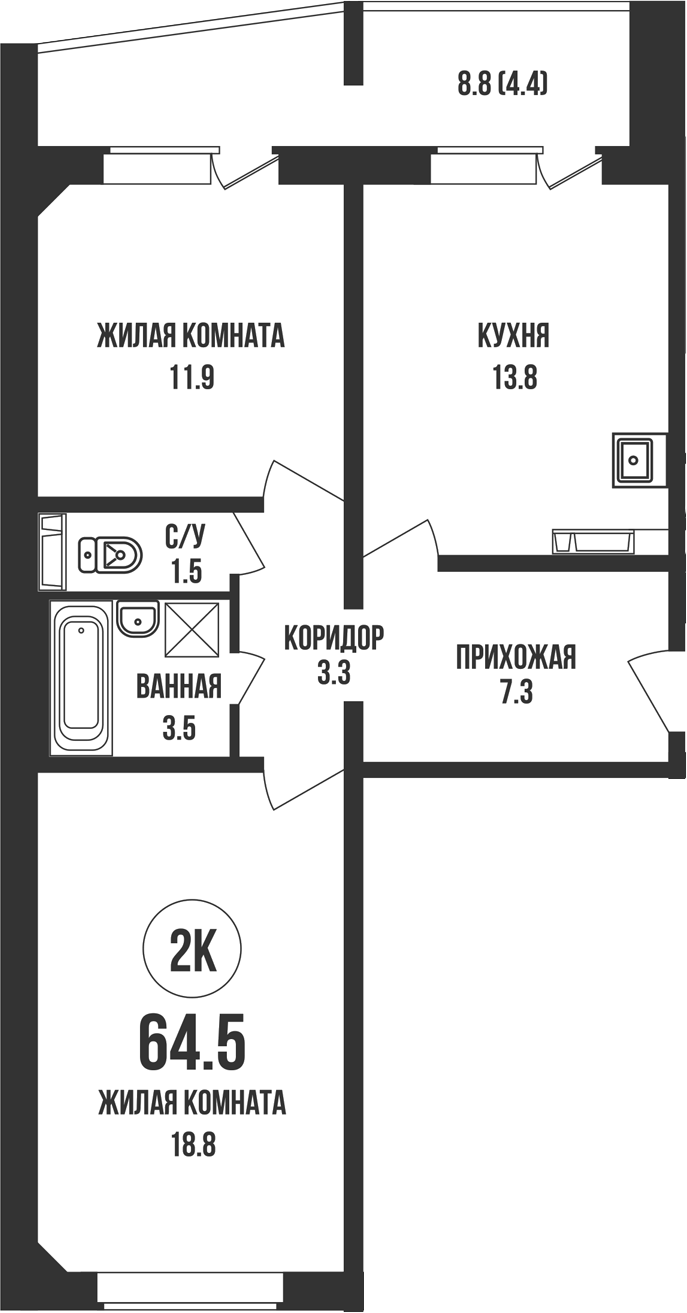 Планировка 2-к. квартира 60.10 м² в ЖК «Династия»