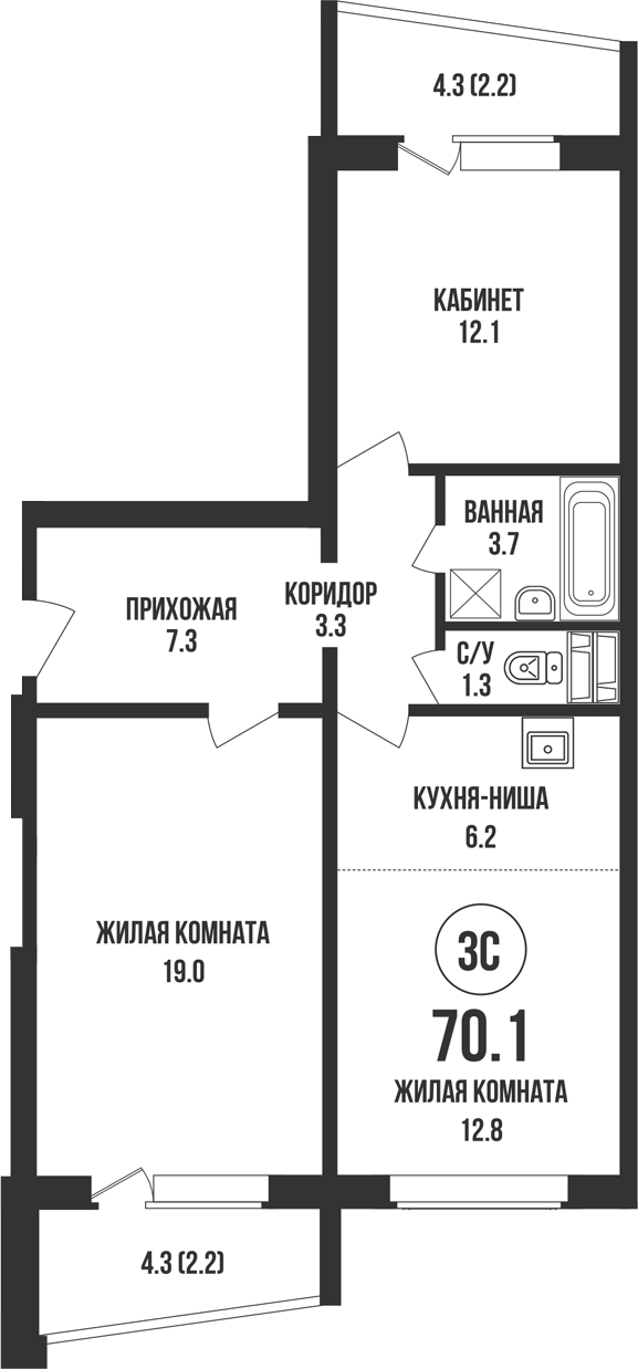 Планировка 3е-к. квартира 65.70 м² в ЖК «Династия»