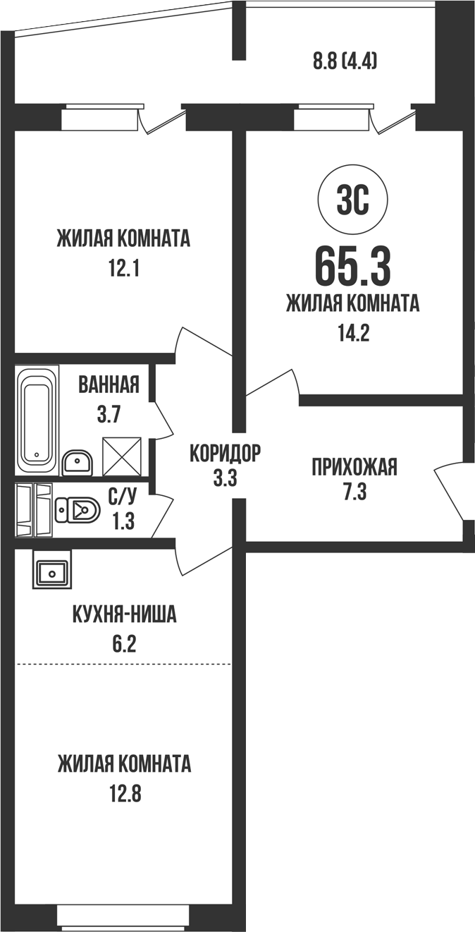 Планировка 3е-к. квартира 60.90 м² в ЖК «Династия»