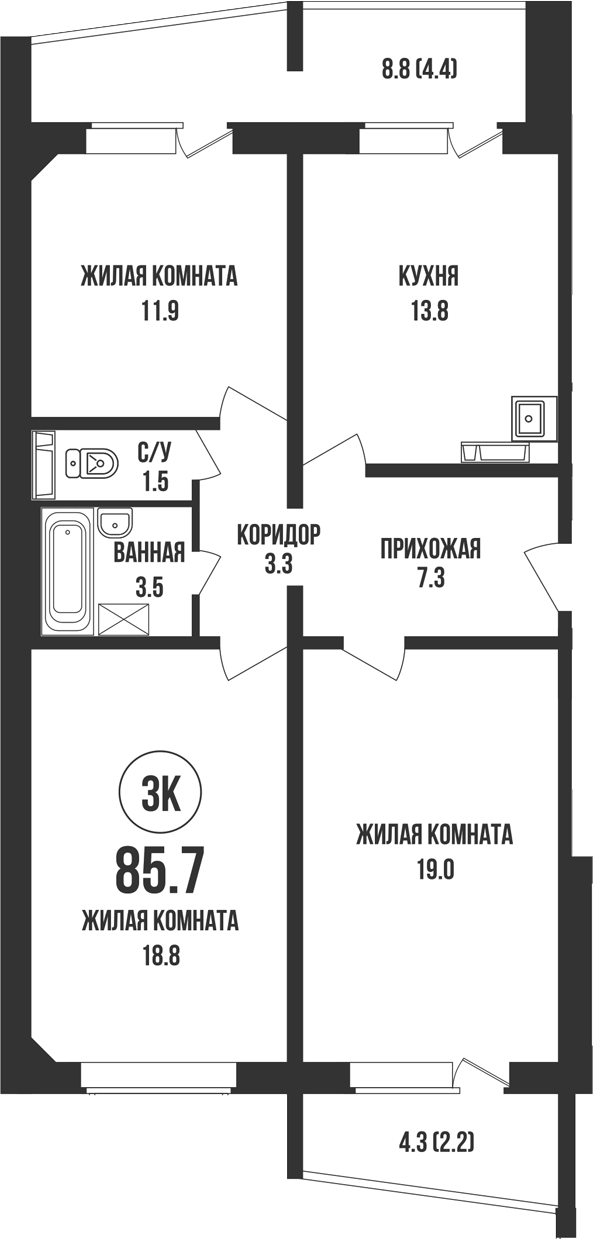 Планировка 3-к.кв 79.10 м² в ЖК «Династия»