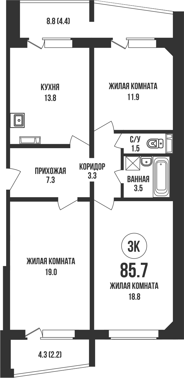 Планировка 3-к.кв 79.10 м² в ЖК «Династия»