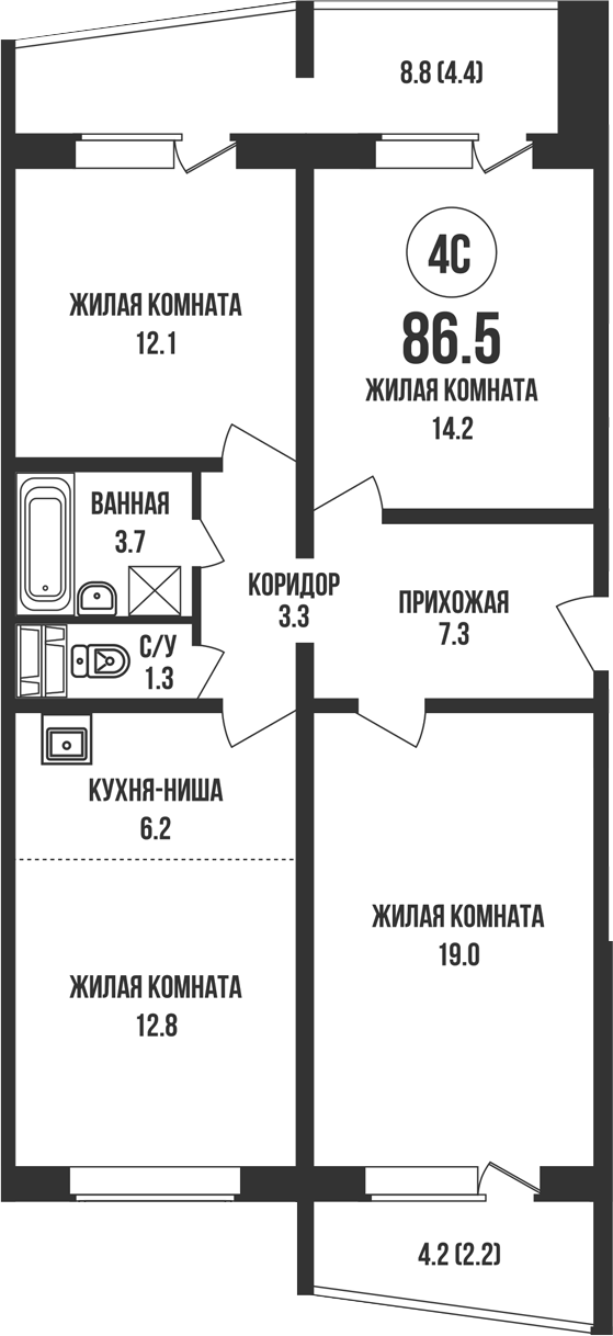 Планировка 4е-к.кв 79.90 м² в ЖК «Династия»