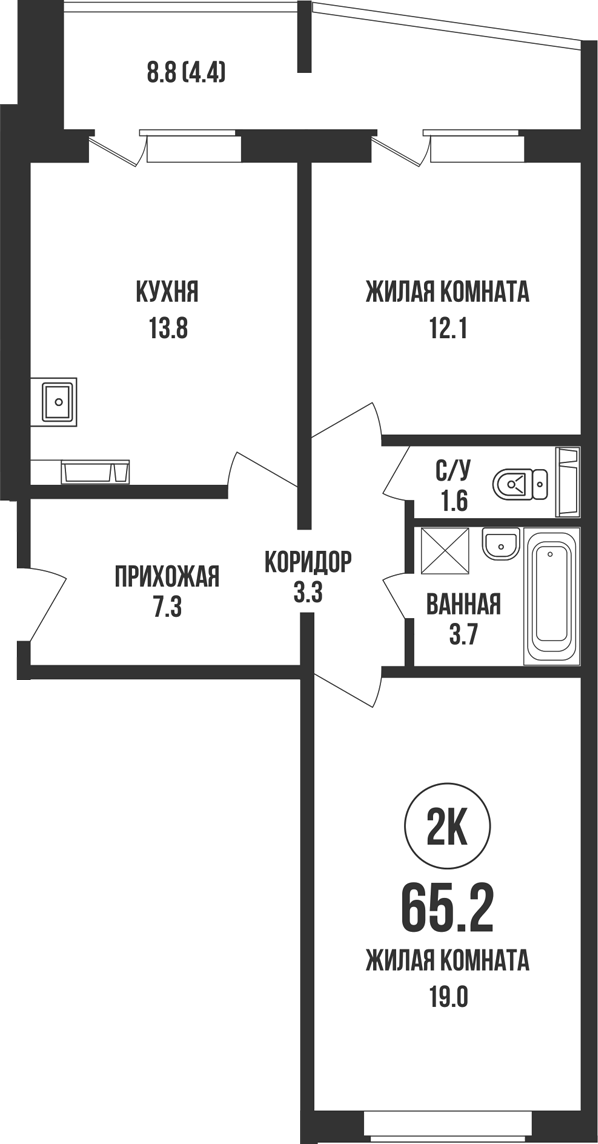 Планировка 2-к. квартира 60.80 м² в ЖК «Династия»