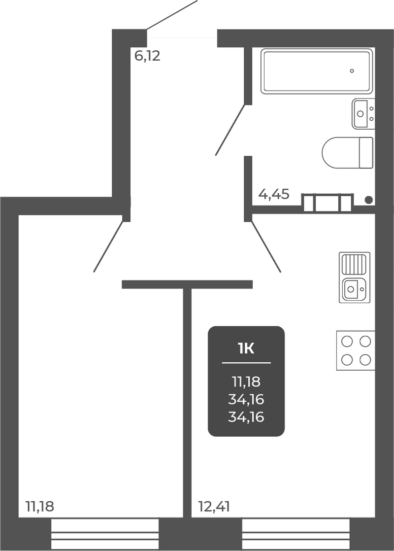 Планировка 1-к.кв 34.16 м² в ЖК «НОВА АПАРТ»