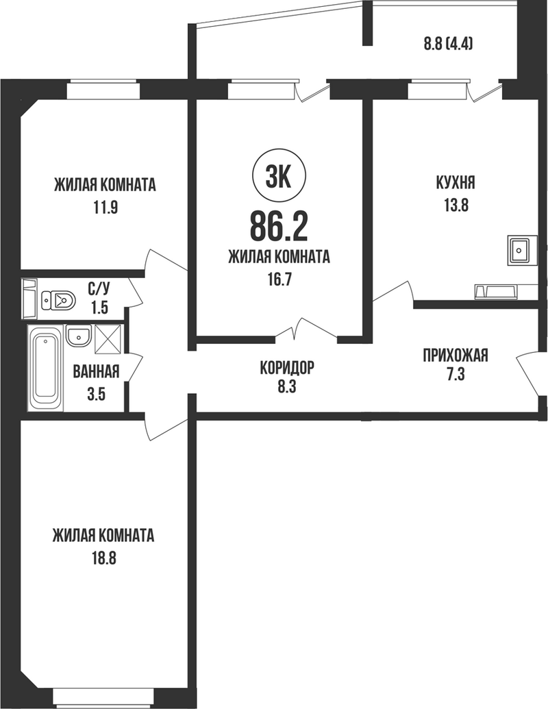 Планировка 3-к.кв 81.80 м² в ЖК «Династия»
