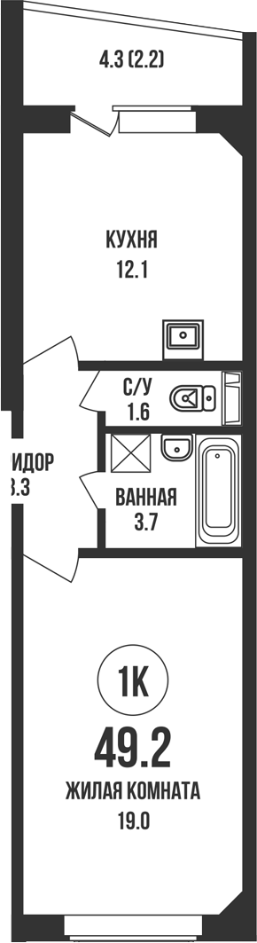 Планировка 1-к.кв 47.00 м² в ЖК «Династия»