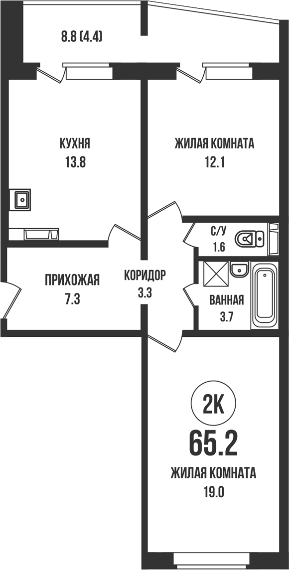 Планировка 2-к.кв 60.80 м² в ЖК «Династия»