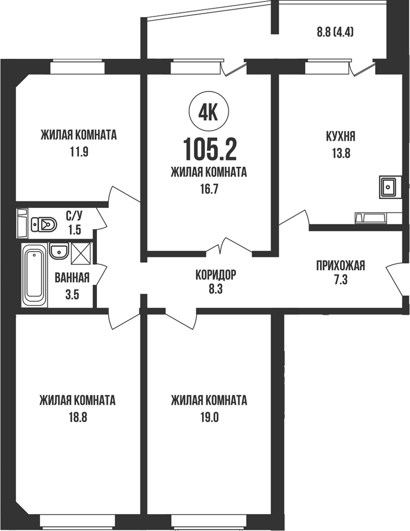 Планировка 4-к. квартира 100.80 м² в ЖК «Династия»