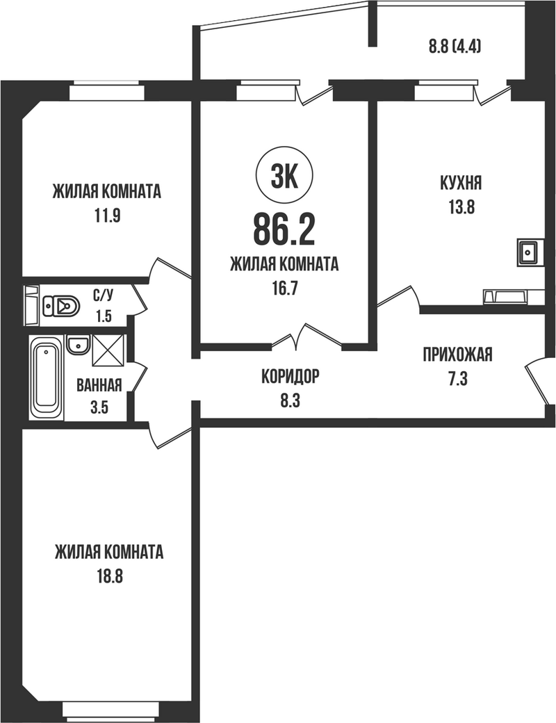 Планировка 3-к.кв 81.80 м² в ЖК «Династия»