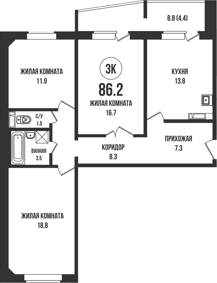 Планировка 3-к.кв 81.80 м² в ЖК «Династия»