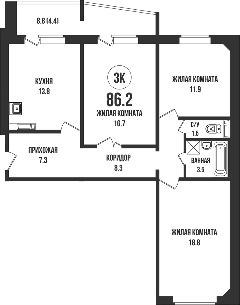 Планировка 3-к. квартира 81.80 м² в ЖК «Династия»