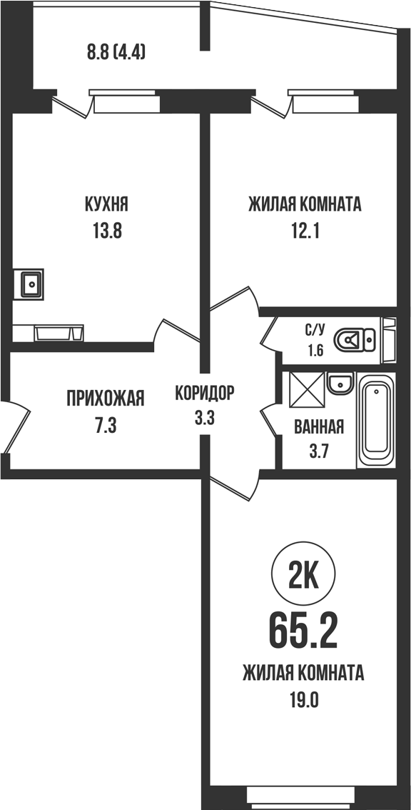 Планировка 2-к. квартира 60.80 м² в ЖК «Династия»