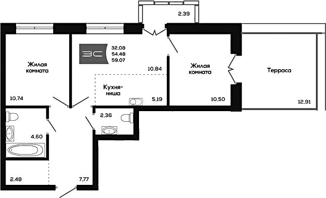 Планировка 3е-к.кв 54.48 м² в ЖК «Салют»