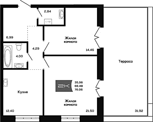 Планировка 2-к.кв 66.48 м² в ЖК «Салют»