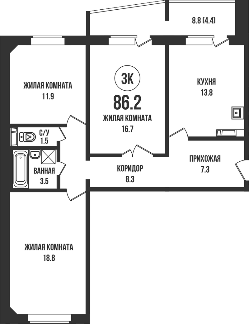 Планировка 3-к. квартира 81.80 м² в ЖК «Династия»
