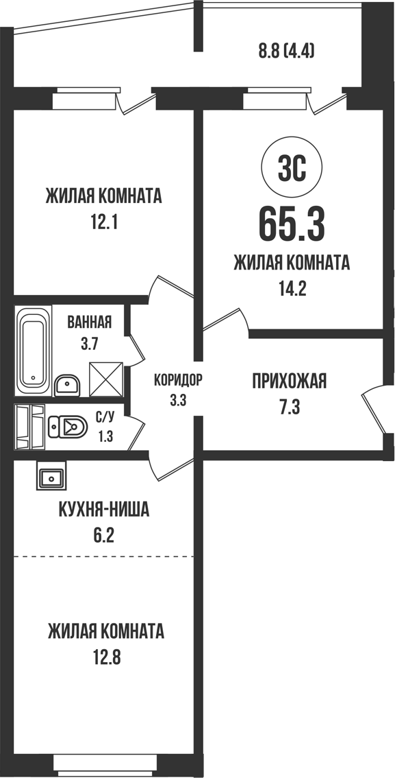 Планировка 3е-к.кв 60.90 м² в ЖК «Династия»