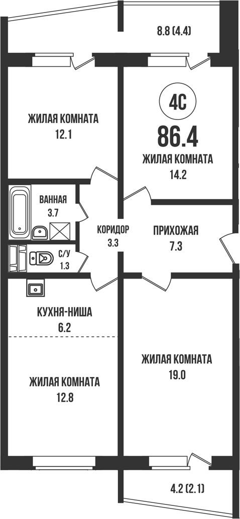 Планировка 4е-к. квартира 79.90 м² в ЖК «Династия»