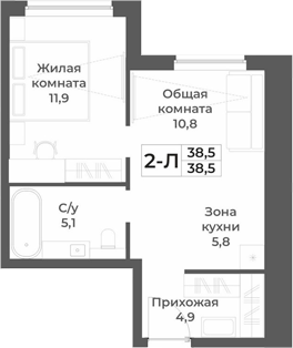Планировка 2е-к.кв 38.50 м² в ЖК «RIZALTA РЕЗОРТ БЕЛОКУРИХА»