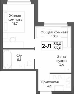 Планировка 2е-к.кв 36.00 м² в ЖК «RIZALTA РЕЗОРТ БЕЛОКУРИХА»
