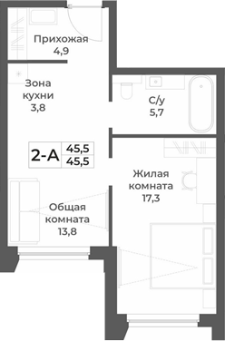 Планировка 2е-к.кв 45.50 м² в ЖК «RIZALTA РЕЗОРТ БЕЛОКУРИХА»