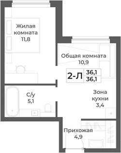Планировка 2е-к.кв 36.10 м² в ЖК «RIZALTA РЕЗОРТ БЕЛОКУРИХА»