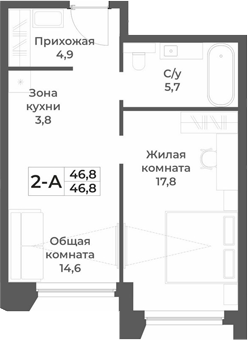 Планировка 2е-к.кв 46.80 м² в ЖК «RIZALTA РЕЗОРТ БЕЛОКУРИХА»
