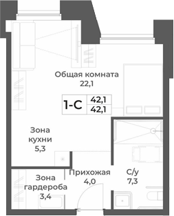 Планировка студии 42.10 м² в ЖК «RIZALTA РЕЗОРТ БЕЛОКУРИХА»