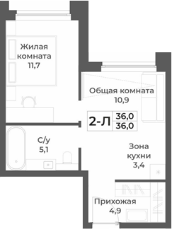 Планировка 2е-к.кв 36.00 м² в ЖК «RIZALTA РЕЗОРТ БЕЛОКУРИХА»