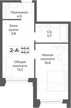 Планировка 2е-к.кв 44.40 м² в ЖК «RIZALTA РЕЗОРТ БЕЛОКУРИХА»