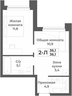 Планировка 2е-к.кв 36.10 м² в ЖК «RIZALTA РЕЗОРТ БЕЛОКУРИХА»
