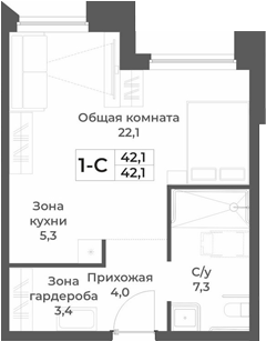 Планировка студии 42.10 м² в ЖК «RIZALTA РЕЗОРТ БЕЛОКУРИХА»