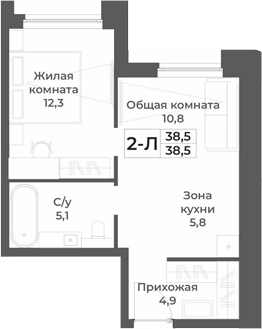 Планировка 2е-к.кв 38.50 м² в ЖК «RIZALTA РЕЗОРТ БЕЛОКУРИХА»