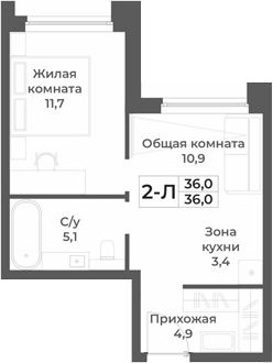 Планировка 2е-к.кв 36.00 м² в ЖК «RIZALTA РЕЗОРТ БЕЛОКУРИХА»